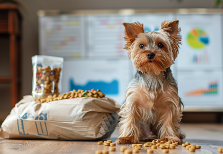 A Yorkie dog looks ahead with kibbles scattered around his paws. There is a sack of dog food to the left and a computer screen with colorful graphics in the background. 